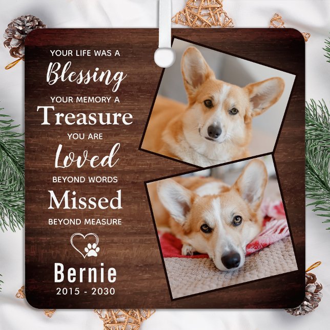 Rustic Pet Memorial Remembrance Poem Dog 2 Photo  Metal Ornament (Creator Uploaded)