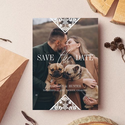 Rustic Pet Photo Lace Effect Whimsical Typography Save The Date