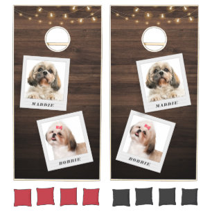 Rustic Pet Photo Modern String Lights Wood Cornhole Set