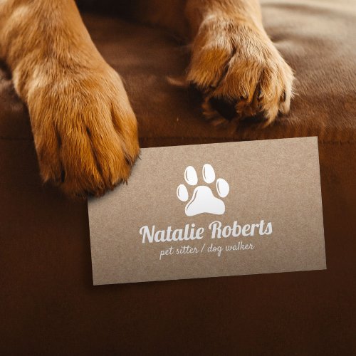 Rustic Pet Sitter Dog Walker Paw Logo Kraft Business Card