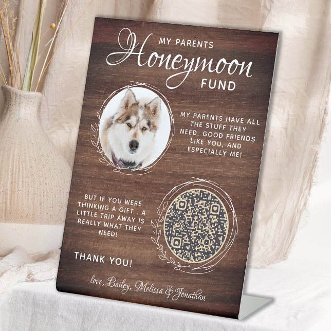 Rustic Pet Wedding Custom Dog Photo Honeymoon Fund Pedestal Sign (Creator Uploaded)