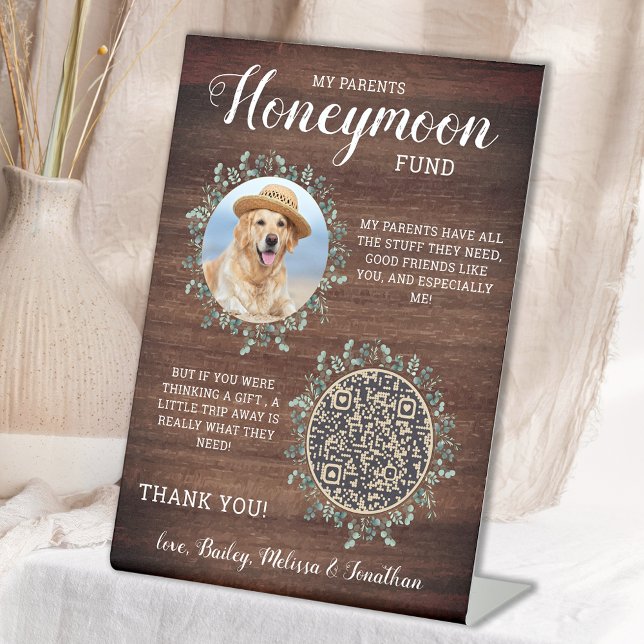 Rustic Pet Wedding Custom Dog Photo Honeymoon Fund Pedestal Sign (Creator Uploaded)