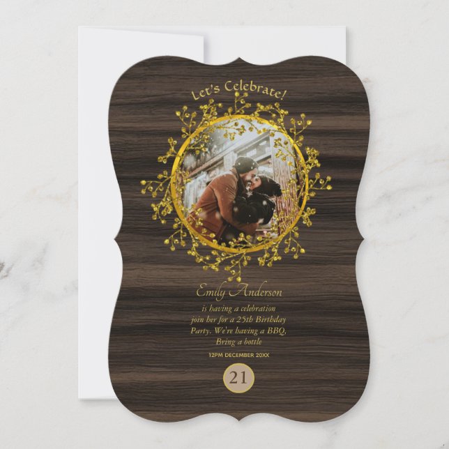 Rustic PHOTO ANY EVENT Gold Wreath Wood Modern Invitation (Front)