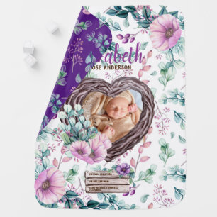 Rustic Photo Baby New Birth Stats Purple Floral Blanket