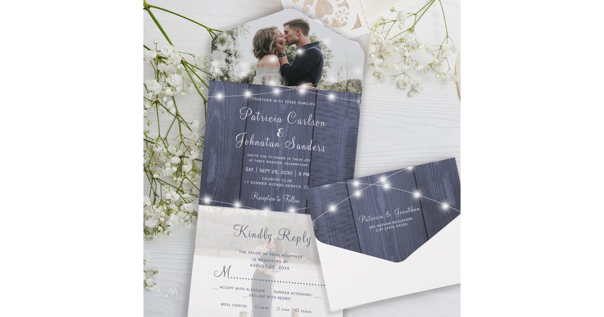 Rustic photo blue wood string lights rsvp wedding all in one invitation ...