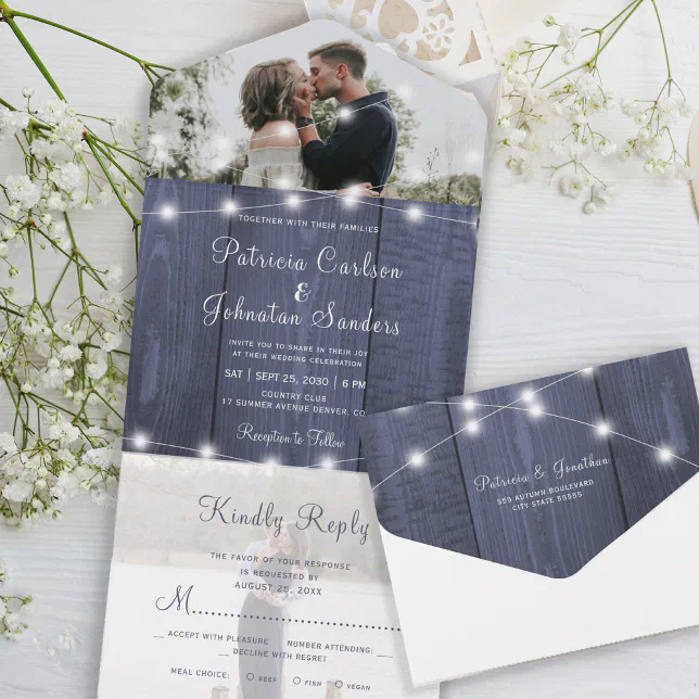 Rustic photo blue wood string lights rsvp wedding all in one invitation ...