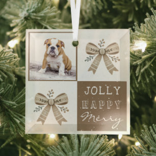Rustic Photo Bow Jolly Happy Merry Christmas  Glass Ornament