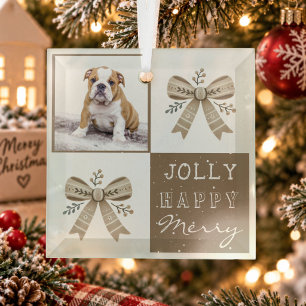 Rustic Photo Bow Jolly Happy Merry Christmas Glass Ornament