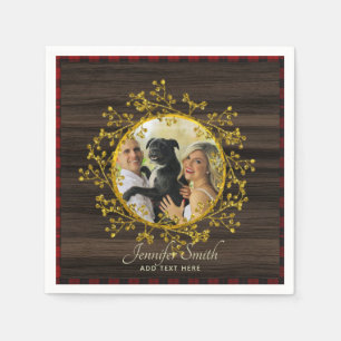 Rustic PHOTO Buffalo Plaid Red Wreath Personalized Napkins