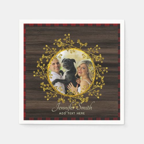 Rustic PHOTO Buffalo Plaid Red Wreath Personalized Napkins