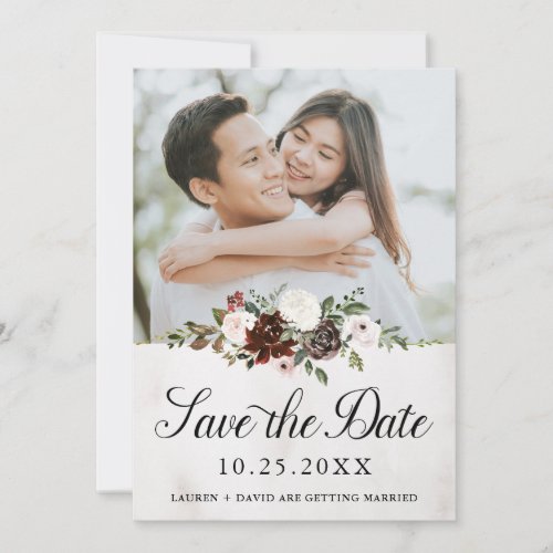 Rustic Photo Burgundy Floral Wedding Save the Date Announcement