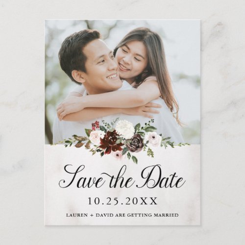 Rustic Photo Burgundy Rose Floral Save the Date Announcement Postcard