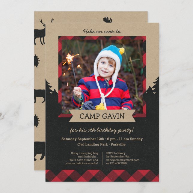 Rustic Photo Camping Birthday Party Invitations (Front/Back)