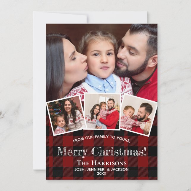 Rustic Photo Collage Buffalo Plaid Christmas Holiday Card (Front)