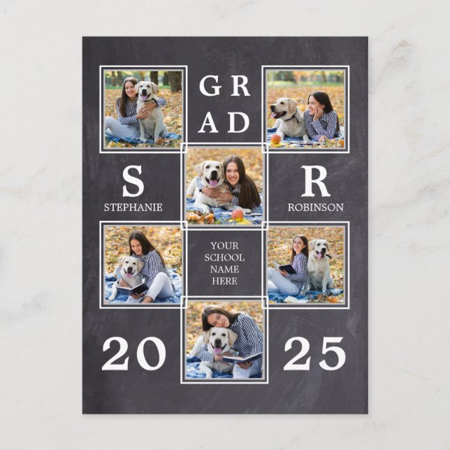 Rustic Photo Collage Chalkboard Unique Graduation Announcement Postcard (Front)