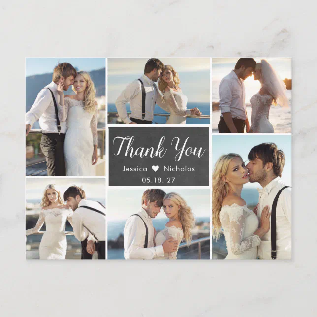 Rustic Photo Collage Chalkboard Wedding Thank You Postcard | Zazzle
