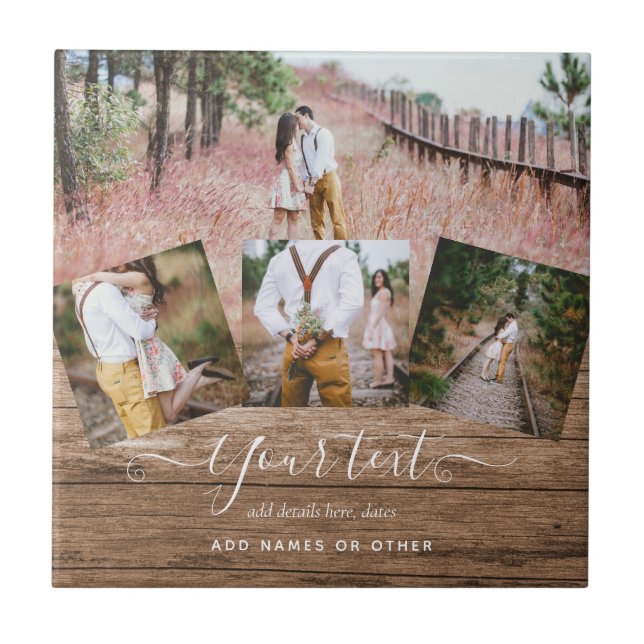 Rustic PHOTO COLLAGE Gift Custom Text Unique Ceramic Tile (Front)