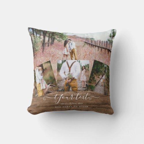 Rustic PHOTO COLLAGE Gift Custom Text Unique Throw Pillow