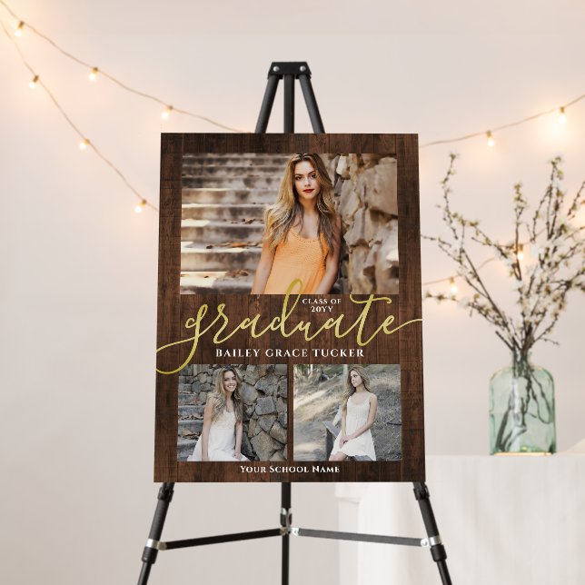 Rustic Photo Collage Gold Script Graduation Party Foam Board (In Situ (Stand))