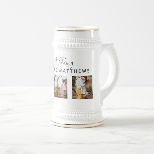 Rustic Photo Collage Monogram NEWLYWEDS WEDDING Beer Stein