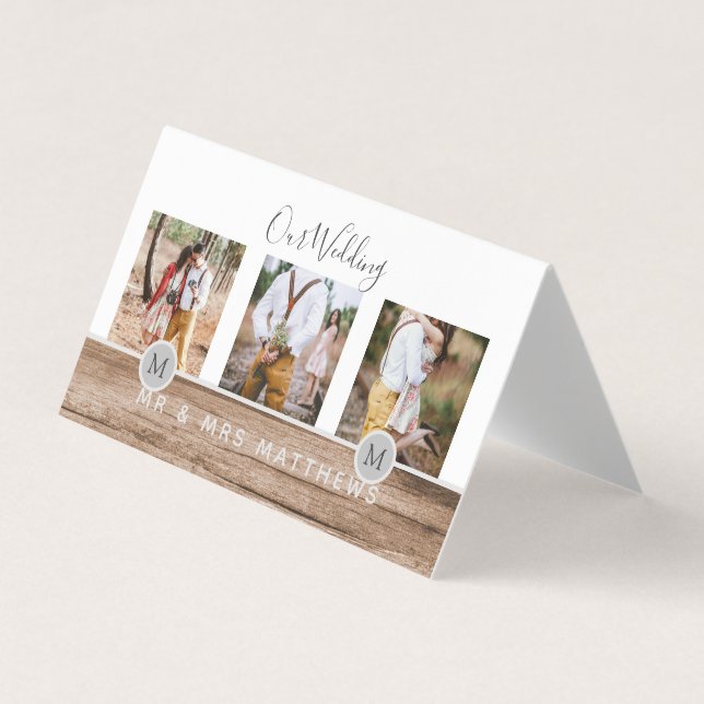 Rustic Photo Collage Monogram NEWLYWEDS WEDDING Business Card (Front)