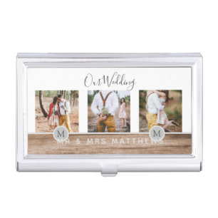 Rustic Photo Collage Monogram NEWLYWEDS WEDDING Business Card Case