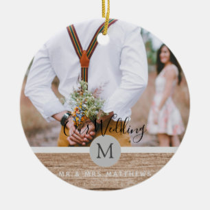 Rustic Photo Collage Monogram NEWLYWEDS WEDDING Ceramic Ornament