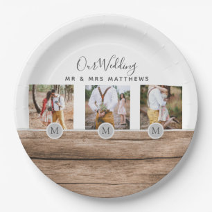 Rustic Photo Collage Monogram NEWLYWEDS WEDDING Paper Plates