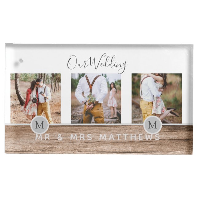 Rustic Photo Collage Monogram NEWLYWEDS WEDDING Place Card Holder (Front)