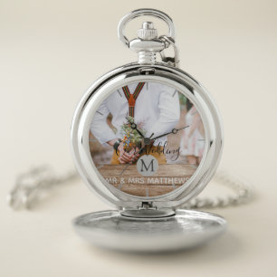 Rustic Photo Collage Monogram NEWLYWEDS WEDDING Pocket Watch
