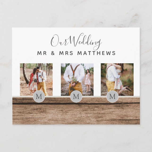 Rustic Photo Collage Monogram NEWLYWEDS WEDDING Postcard (Front)