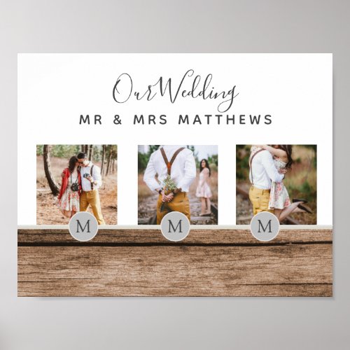 Rustic Photo Collage Monogram NEWLYWEDS WEDDING Poster