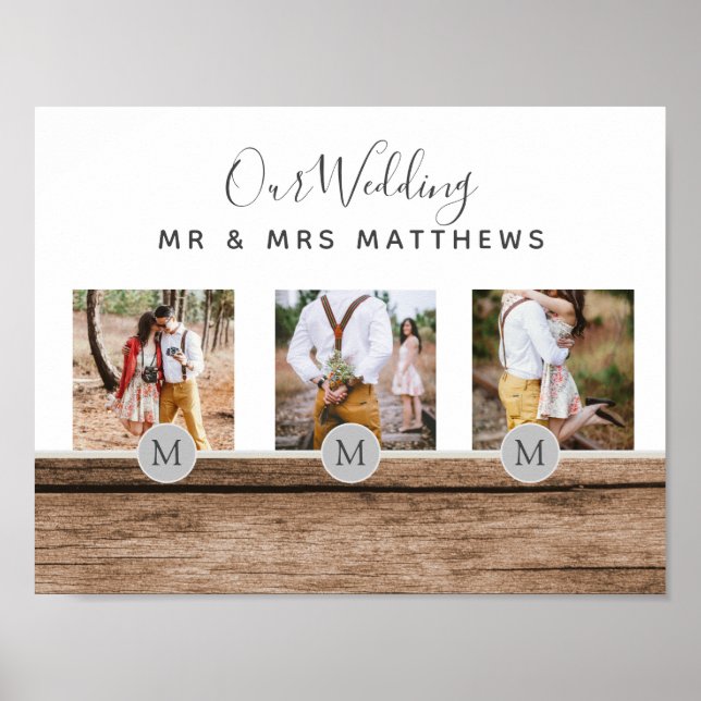 Rustic Photo Collage Monogram NEWLYWEDS WEDDING Poster (Front)