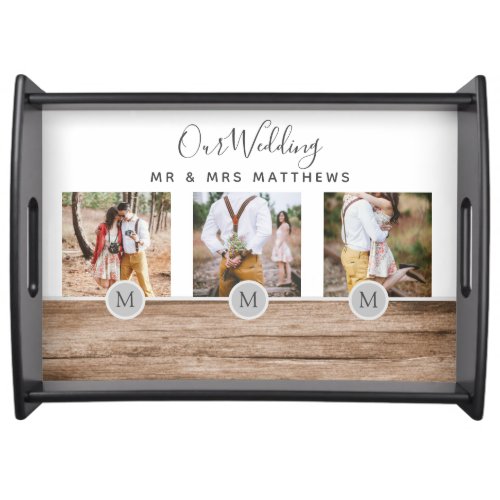 Rustic Photo Collage Monogram NEWLYWEDS WEDDING Serving Tray