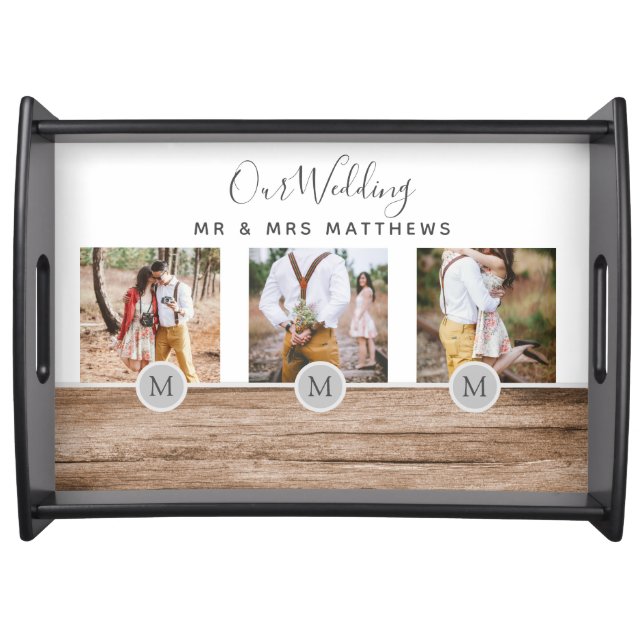 Rustic Photo Collage Monogram NEWLYWEDS WEDDING Serving Tray (Front)