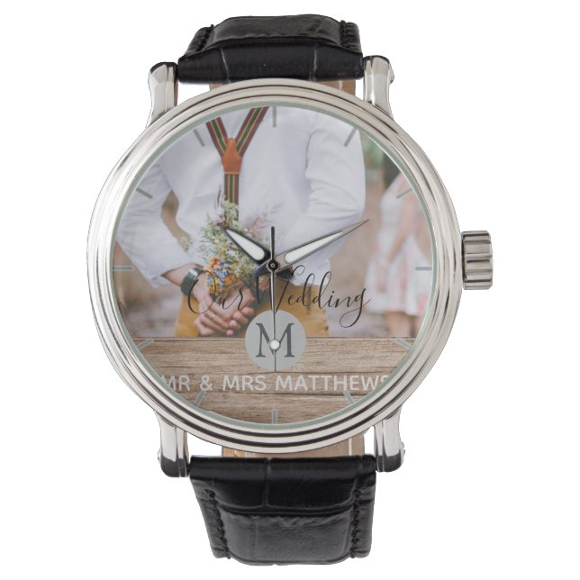 Rustic Photo Collage Monogram NEWLYWEDS WEDDING Watch (Front)