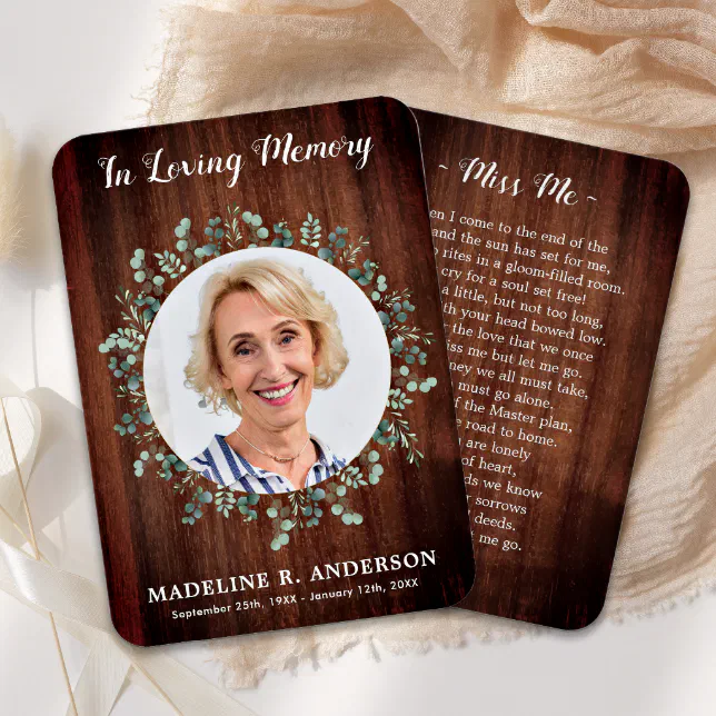 Rustic Photo Eucalyptus Silk Memorial Prayer Card | Zazzle