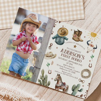 Rustic Photo First Rodeo Wild West 1st Birthday Invitation by Sugar_Puff_Kids at Zazzle
