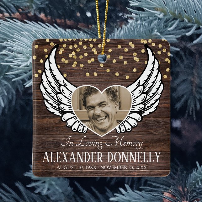 Rustic Photo Memorial | Christmas Angel Ceramic Ornament (Creator Uploaded)