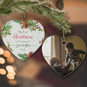 Rustic Photo Milestone New Grandpa 1st Christmas  Ceramic Ornament