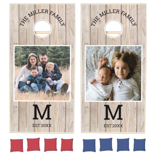 Rustic Photo Natural Wood Family Name Monogram Cornhole Set