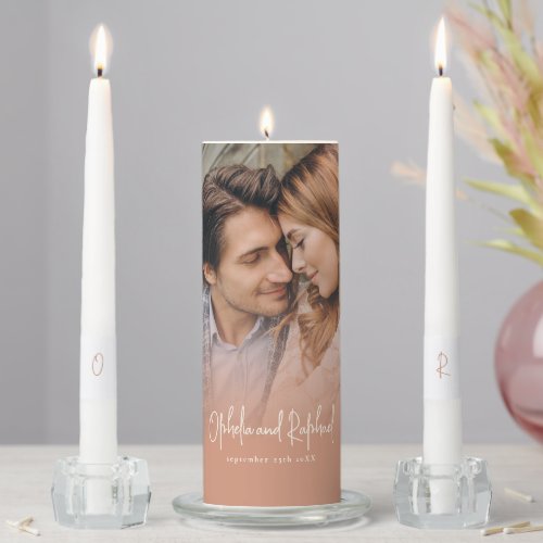 Rustic Photo Overlay Names Initials Terracotta Unity Candle Set