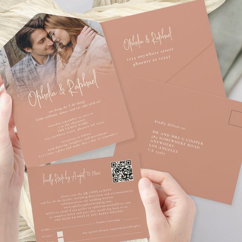 Rustic Photo Overlay QR Code Terracotta Wedding All In One Invitation