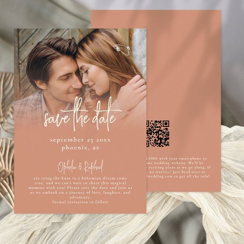 Rustic Photo Overlay Script QR Terracotta Wedding Save The Date