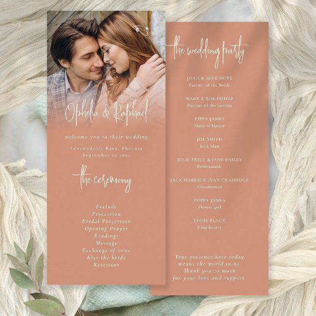 Rustic Photo Overlay Terracotta Wedding Program (Front and back view)
