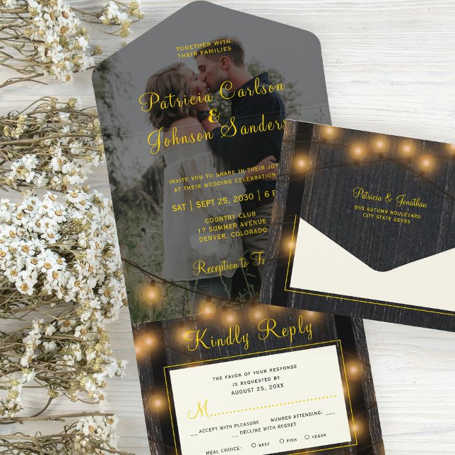 Rustic photo overlay wood string lights wedding all in one invitation (Creator Uploaded)