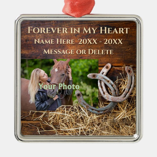 Rustic PHOTO Personalized, Horse Memorial Ornament (Front)