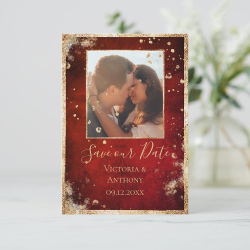 Rustic Photo Red Gold Flat Save The Date