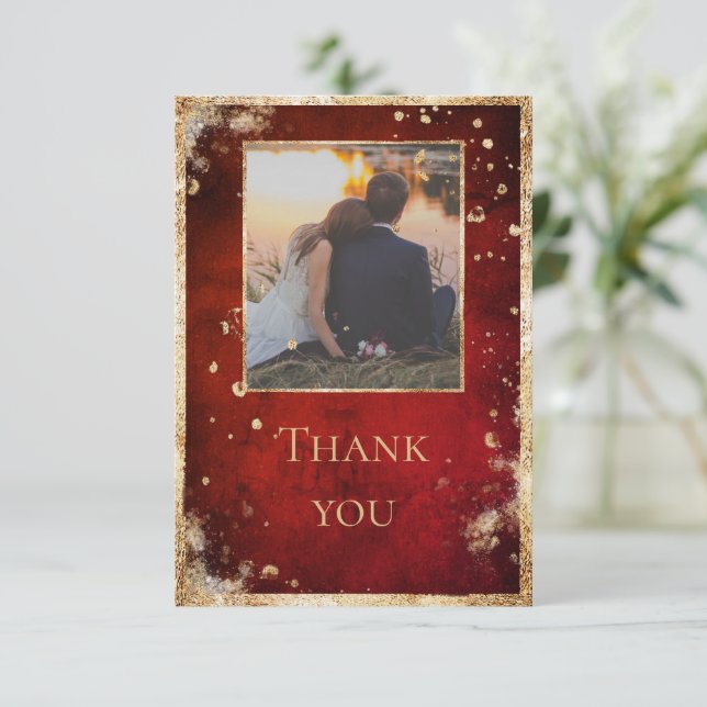 Rustic Photo Red Gold Flat Thank You Card (Standing Front)