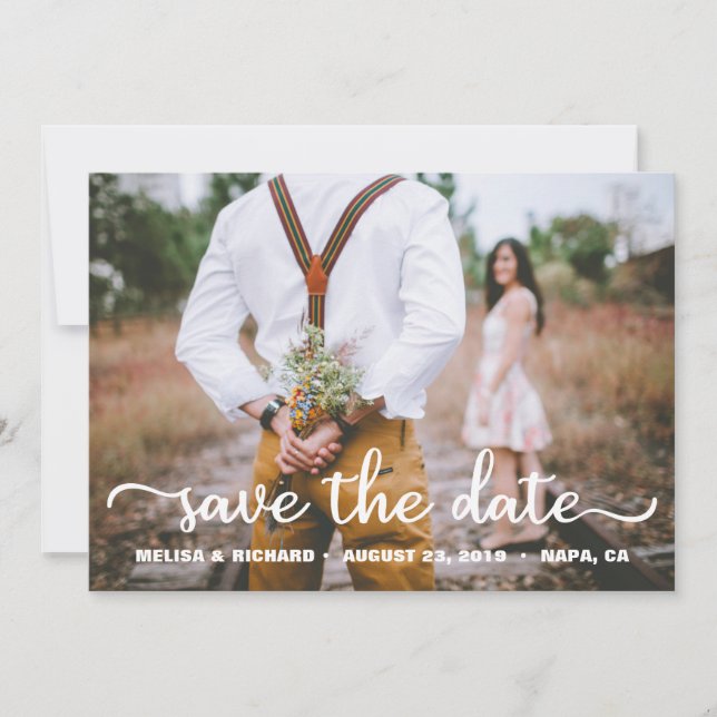  Rustic Photo Save the Date Modern Script Card (Front)